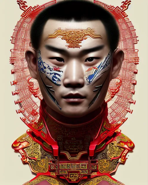 Image similar to portrait of a chinese masculine male cyberpunk machine, machine face, upper half portrait, decorated with chinese opera motifs, muscular, asian, fine china, wuxia, traditional chinese art intricate intense elegant 京 剧 highly detailed symmetry headpiece digital painting artstation concept art smooth sharp focus illustration, art by artgerm and greg rutkowski alphonse mucha 8 k