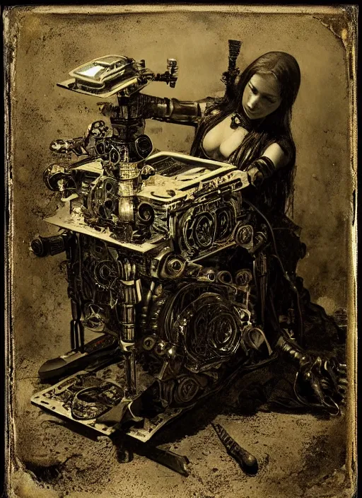 Image similar to old wetplate daguerreotype birth of a futuristic cyborg in times of eternal summoning, fractal, intricate, elegant, highly detailed, parallax, leica, medium format, subsurface scattering, by jheronimus bosch and greg rutkowski and louis jacques mande daguerre