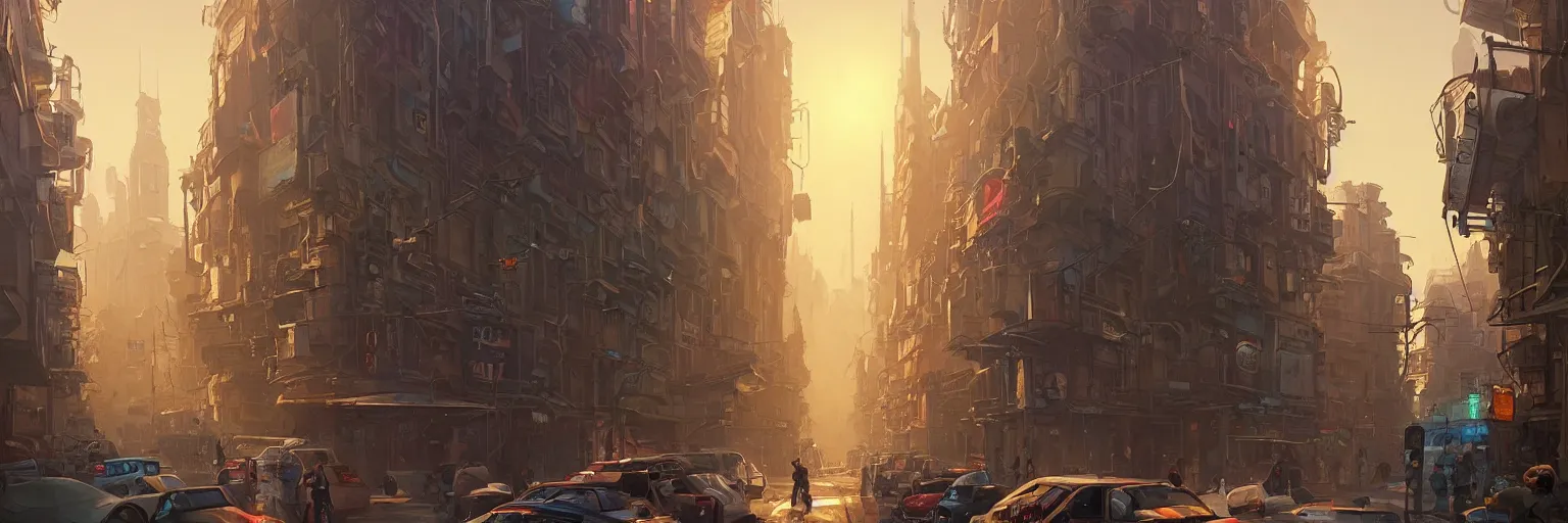 Prompt: an street level painting with high detail, ground level, sci - fi colorful victorian megacity at golden hour with sharp shadows by tyler edlin and sparth, 4 k, vray, art nouveau influences. roger deakins, cinematic cinematography.