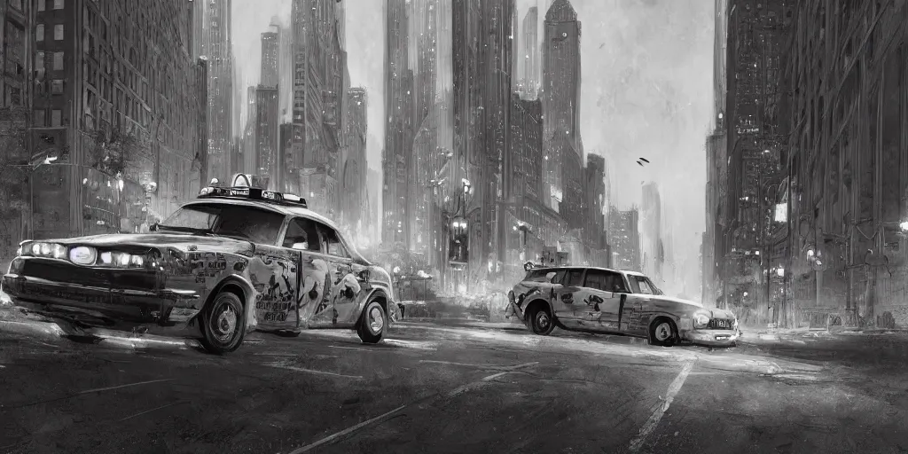 Prompt: cartoonish taxi through the streets of chicago, night time, noir film, character sheet, fine details, concept design, contrast, kim jung gi, greg rutkowski, trending on artstation, 8 k, full body, turnaround, front view, back view, ultra wide angle