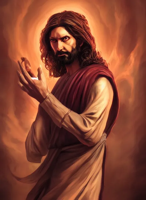 Image similar to A fantasy comic book style portrait painting of Jesus Christ as a Mage, unreal 5, DAZ, hyperrealistic, octane render, RPG portrait, dynamic lighting