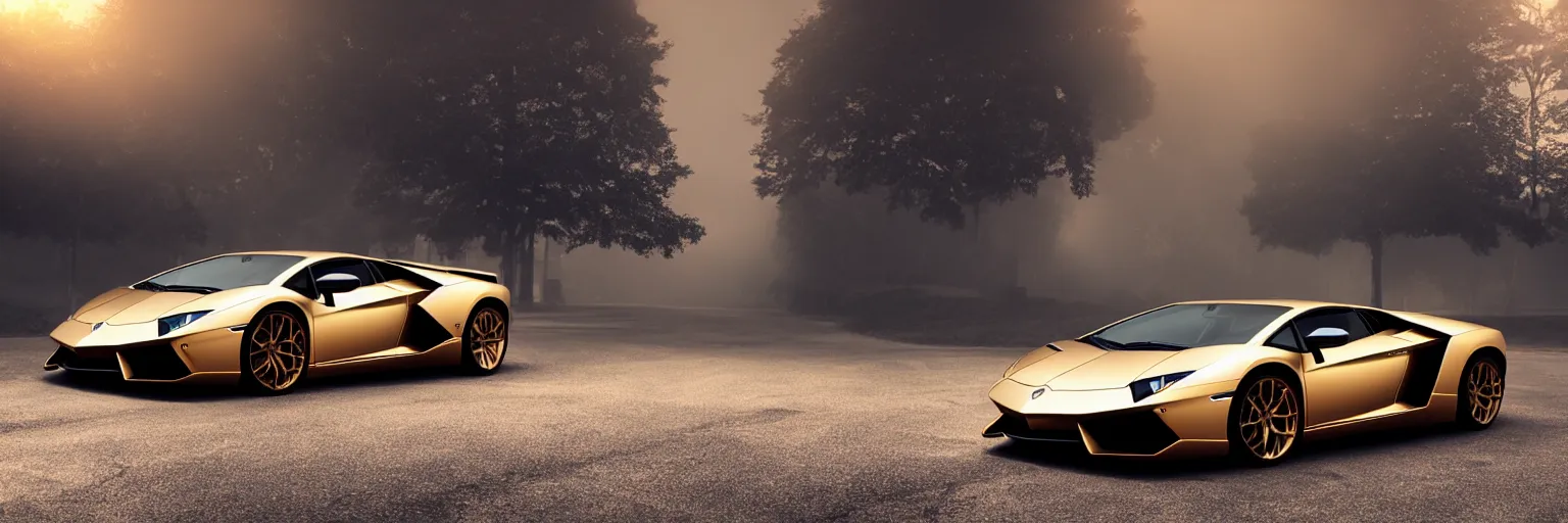 Image similar to parked lamborghini sian, fog, volumetric lighting, beautiful, golden hour, golden ratio, sharp focus, highly detailed, cgsociety