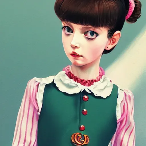 Image similar to little girl wearing an gucci's outfit. art by ilya kuvshinov, profile picture, inspired by balthus, highly detailed, 8 0 s anime art style, realistic, vogue cover