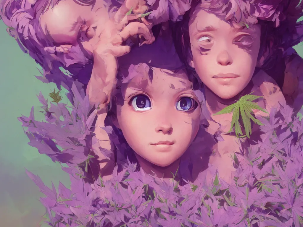 Image similar to kid with symmetrical beauty face, purple flowers of marijuana hemp cannabis, behance hd, by jesper ejsing, by rhads, makoto shinkai, lois van baarle, ilya kuvshinov, rossdraws global illumination, golden ratio