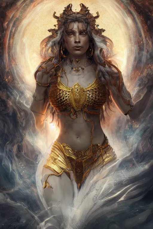 Prompt: fantasy character concept portrait, digital painting, wallpaper of a goddess of seers and dancers, with skin of obsidian, with veins of magma and gold, renaissance nimbus overhead, by aleksi briclot, by laura zalenga, by alexander holllow fedosav, 8 k dop dof hdr, vibrant