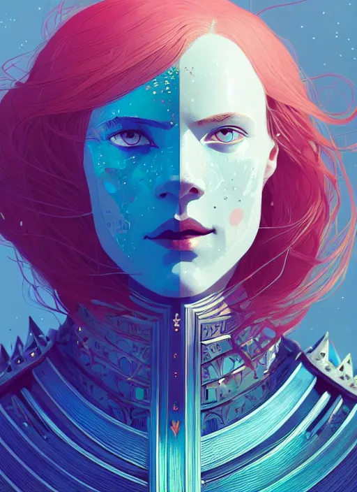 Prompt: portrait of beautiful nordic woman wearing knight armor, blue eyes, artstation winner by victo ngai, kilian eng and by jake parker, by conrad roset, swirly vibrant color lines, winning award masterpiece, fantastically gaudy, aesthetic octane render, 8 k hd resolution