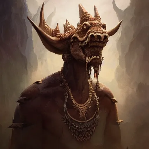 Image similar to triceratops with aztec headdress, greg rutkowski, digital illustration, concept art, dnd, face, fantasy, intricate, elegant, highly detailed, digital painting, artstation, full body, long shot, light from above