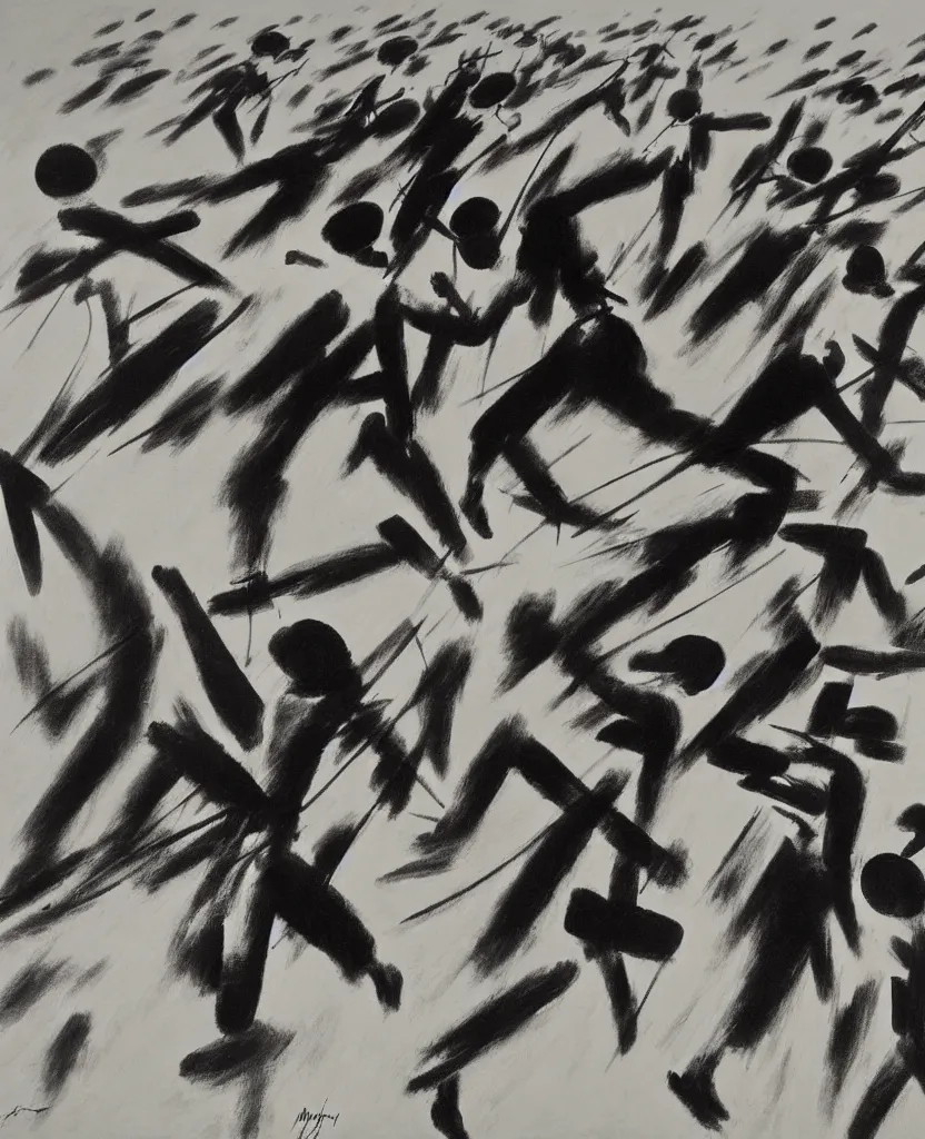 Prompt: a beautiful painting of running soldiers in el alamein battle, wwii,, black and white, painted by laszlo moholy nagy