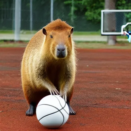 Prompt: Capybara Slam dunking a basketball