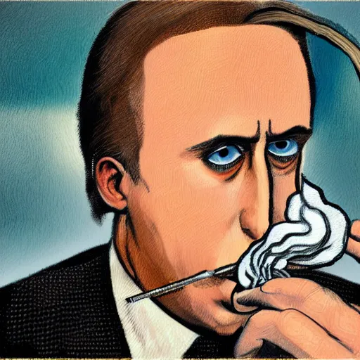 Prompt: a detailed digital art of hypnotic nicholas cage smoking weed in the style of francis bacon and paul nash, 8k,sharp, award-winning art, cgsociety, artstation, rack focus, optical art