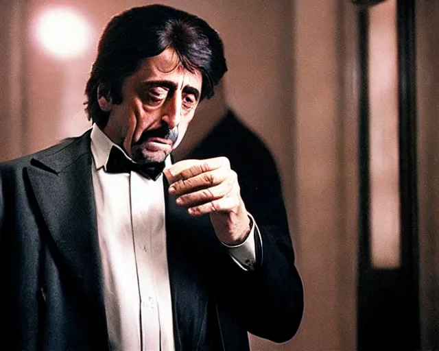 Image similar to mafioso ( al pacino ) examines a magical glowing object ; scene from the modern hbo mini series / the outfit /, a supernatural mafia crime thriller about magical monster - hunting mafiosi in philadelphia, hd 8 k film photography, with modern supernatural horror aesthetic.