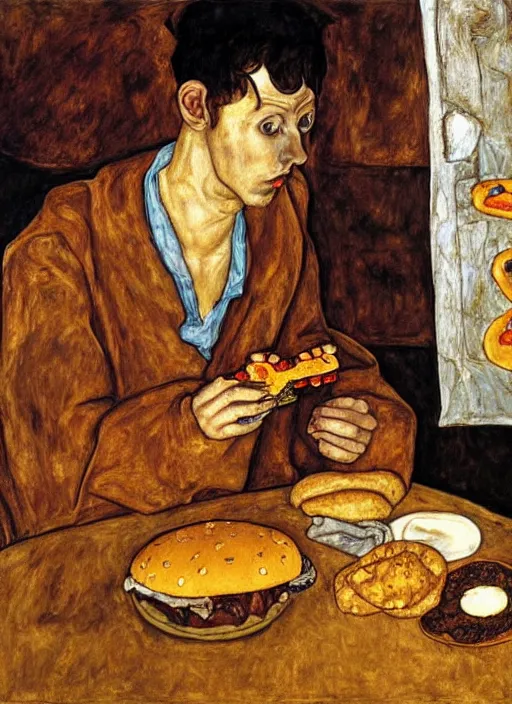 Image similar to young man eating a hamburger in the center of a dark medieval dinning room, surrounded by starving people in front of a giant painting, extremely realistic and highly detailed painting by egon schiele, soft light, gold ratio