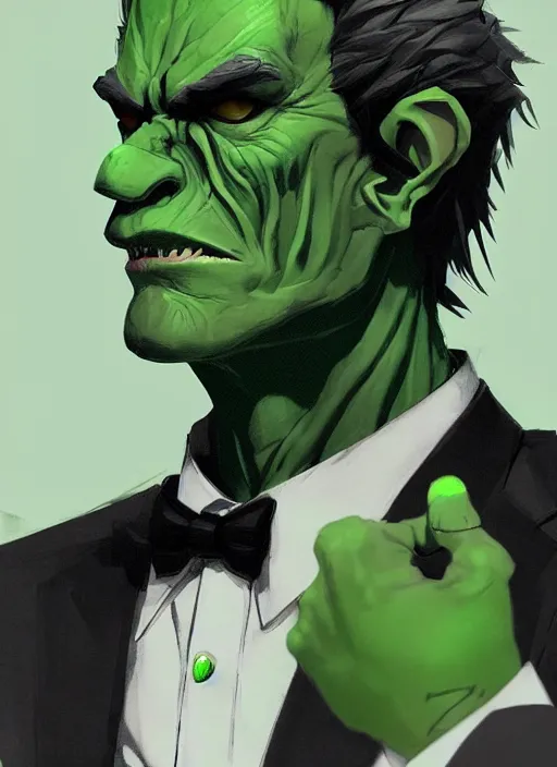 Prompt: portrait of a green skin handsome goblin president in a suit. in style of yoji shinkawa and hyung - tae kim, trending on artstation, dark fantasy, great composition, concept art, highly detailed, dynamic pose, vibrant colours.