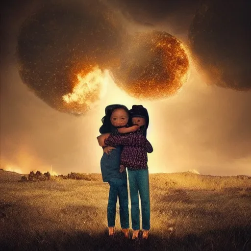 Image similar to “A family hugging each other for the last time as the world is ending, meteors are falling from the sky, everything is on fire, dramatic lighting, digital art, very very very very very very beautiful, 8K, dark lighting, trending on Artstation, award winning”