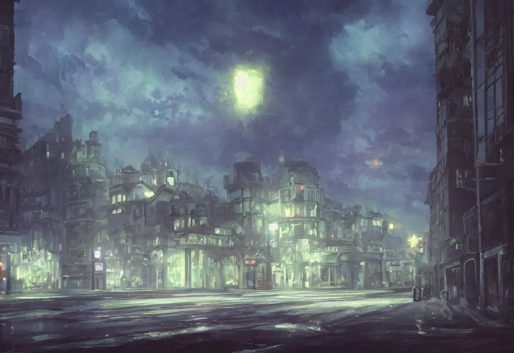 Prompt: A brilliant white castle in the distance, very dark with green lights, blue lights and purple lights, oil painting, dramatic lighting, Jakub Kasper, Makoto Shinkai, hyperrealistic, cinematic, elegant, intricate