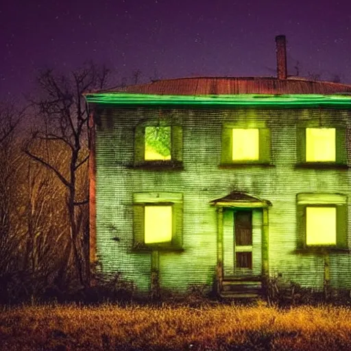 Prompt: abandoned house with green light emitting from the windows and doors, it is night time, dark