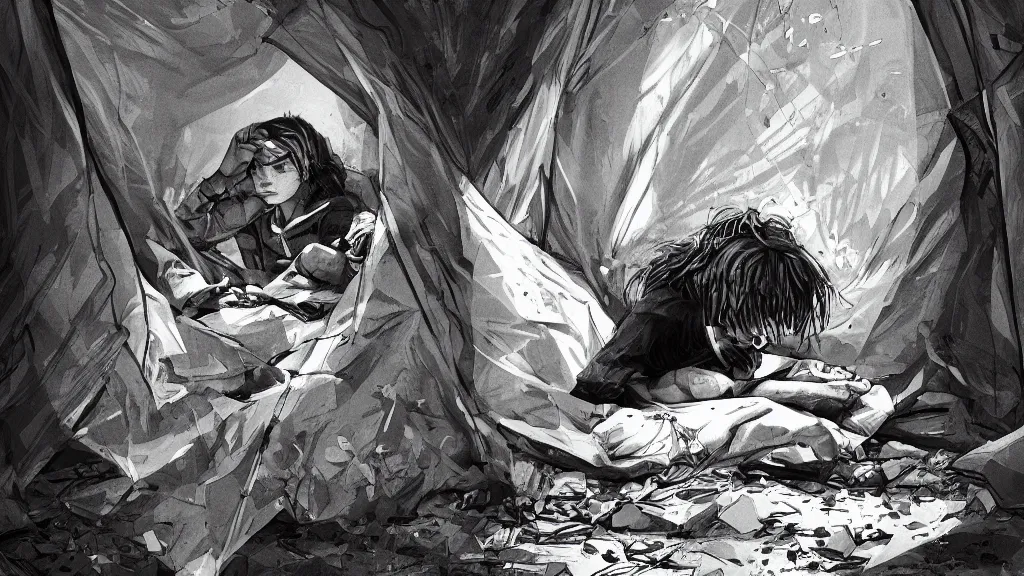 Prompt: an illustration of a sick teenage kid sitting in the door of his messy tent, with his hands in his hair, waste everywhere, high contrast, highly detailed, sharp focus, digital painting, illustration, trending on artstation,