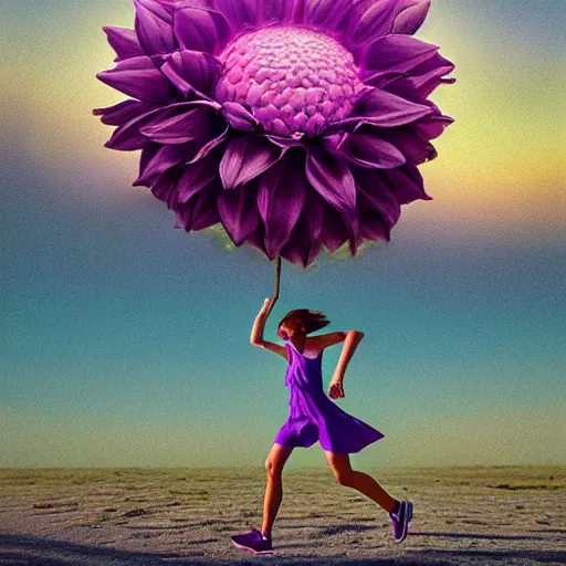 Image similar to portrait, giant purple dahlia flower head, woman running at orange beach, surreal photography, sunrise, blue sky, dramatic light, impressionist painting, digital painting, artstation, simon stalenhag