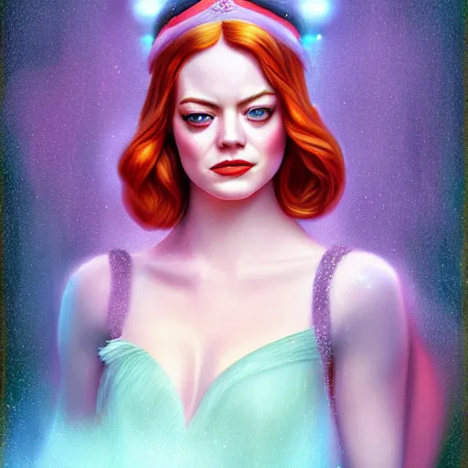 Image similar to digital painting of Emma Stone as a Disney princess wearingSnow White's dress, Pixar style, professional studio lightening, volumetric lightening, photorealism by Tristan Eaton Stanley Artgerm and Tom Bagshaw