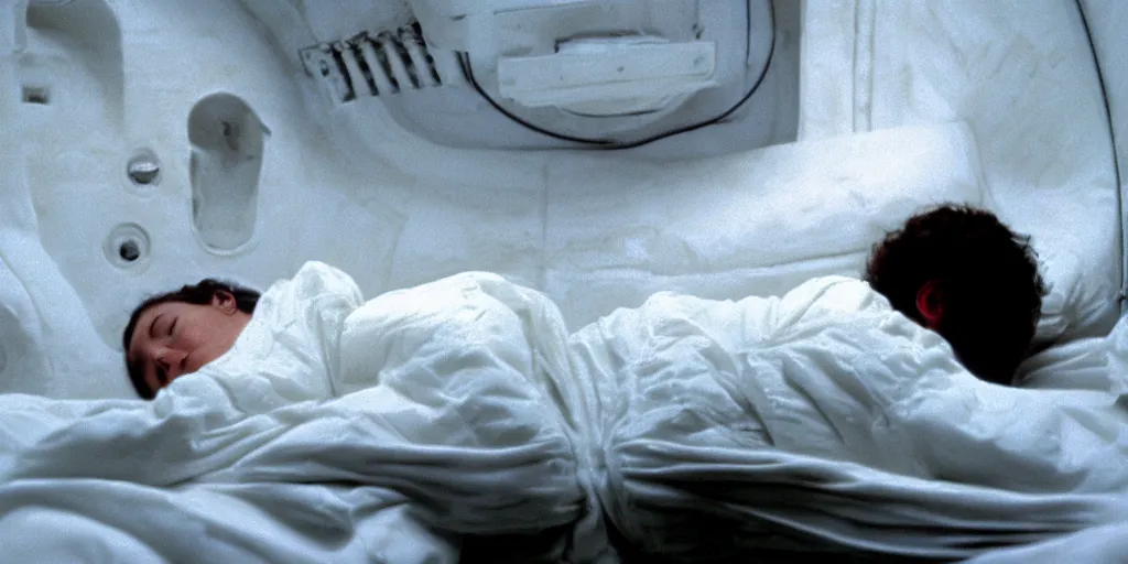 Prompt: a wide shot of Ripley sleeping inside an all-white room of cryogenic sleep chambers by Ridley Scott, Alien movie, grainy, bluish and cream tones