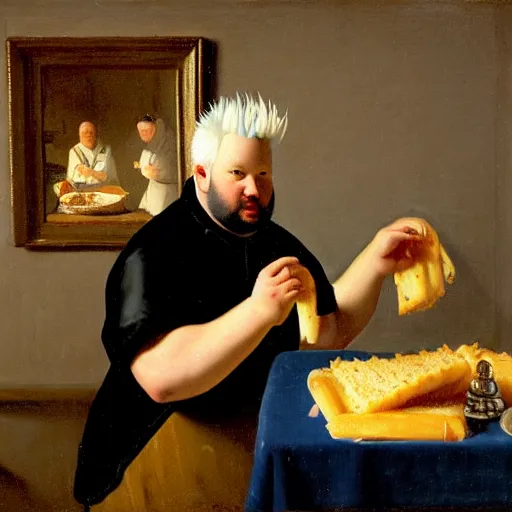 Image similar to a 1 9 th century portrait of guy fieri making a greasy macaroni and cheese sandwich, by vermeer, portrait, royal, oil on canvas