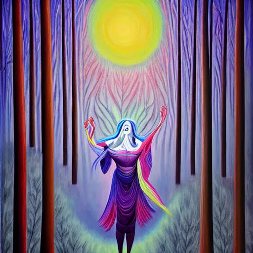 Prompt: painting a jester made of energy and light in a dense foggy forest by Alex Grey, acrylic art, ethereal, soothing, somber, elegant, warm light, cozy, glows,