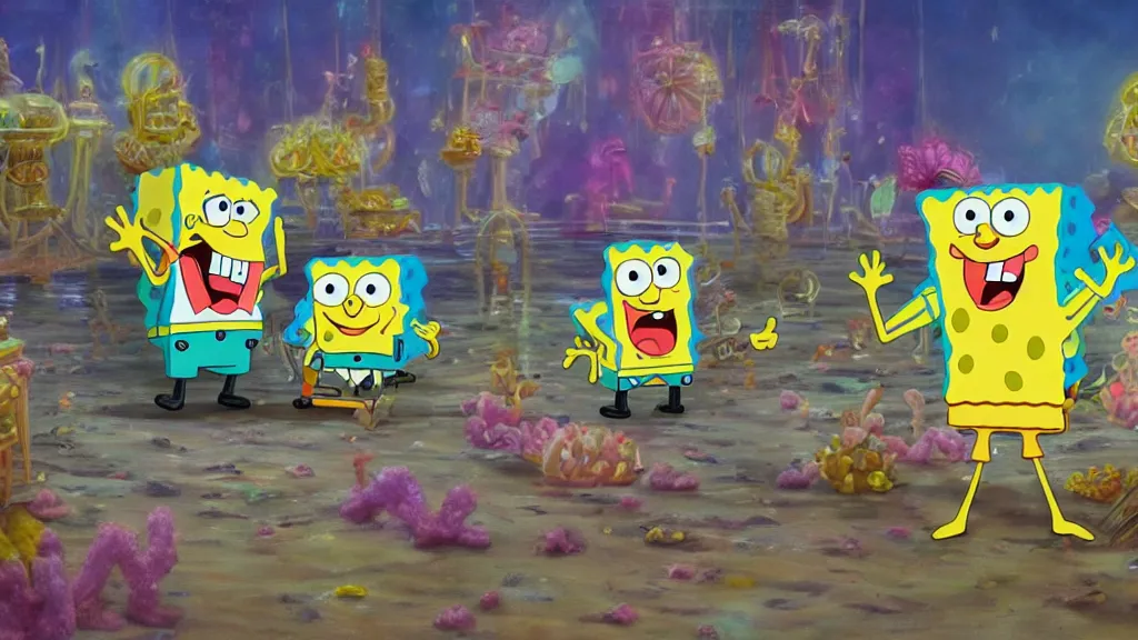 Image similar to spongebob, marrying, ceremony, concept art, generated by artificial intelligence, 8K UHD, trending on artstation, extremely detailed