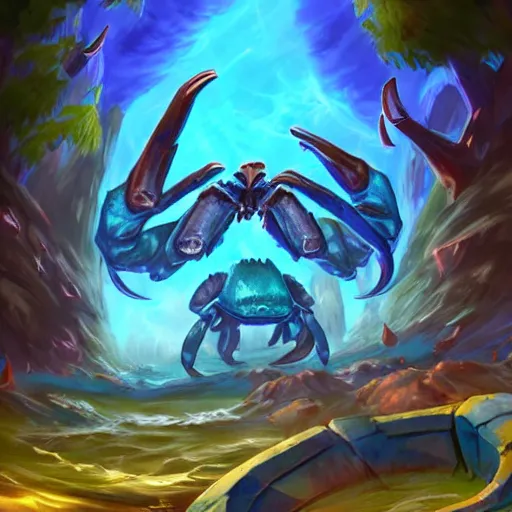 Prompt: blue giant (((((((crab monster)))))))) with giant crab claws, giant crab claws, giant crab claws, fantasy digital art, magical background in the style of hearthstone artwork