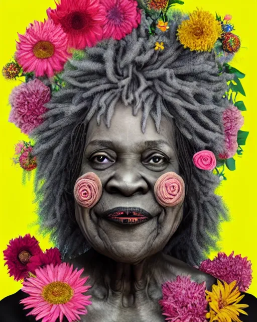 Image similar to portrait of a beautiful fleshy old black woman who is surprised she is still alive, covered in flowers in the style of guiseppe arcimboldo and james jean, covered in wispy gray hair with a hint of neon, hd 3 d,