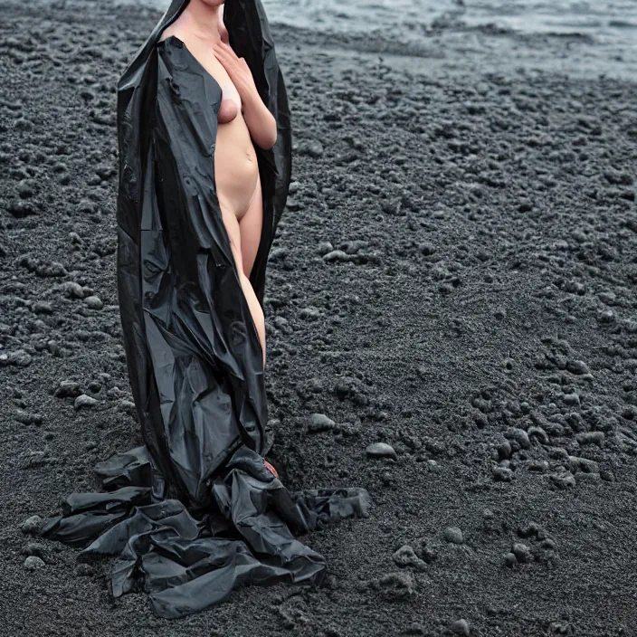 Image similar to closeup portrait of a woman wrapped in a plastic cloak, standing in a volcanic black sand beach, color photograph, by vincent desiderio, canon eos c 3 0 0, ƒ 1. 8, 3 5 mm, 8 k, medium - format print