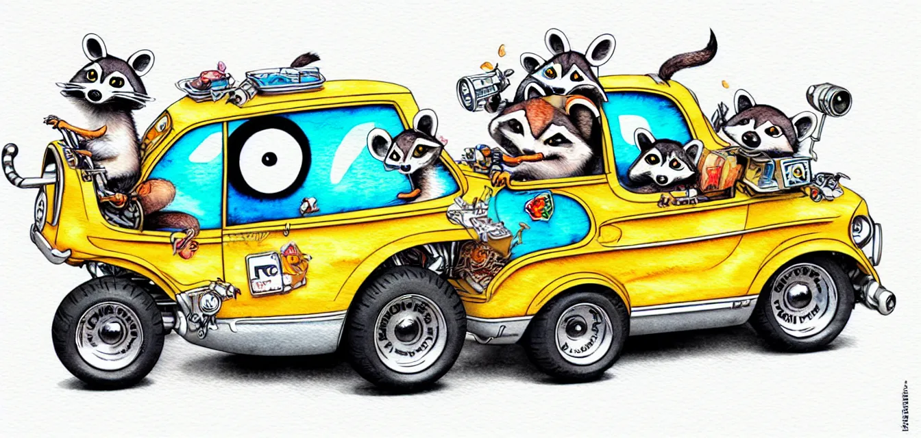 Image similar to cute and funny, racoon riding in a tiny hot rod with oversized engine, ratfink style by ed roth, centered award winning watercolor pen illustration, isometric illustration by chihiro iwasaki, edited by range murata, tiny details by artgerm and watercolor girl, symmetrically isometrically centered