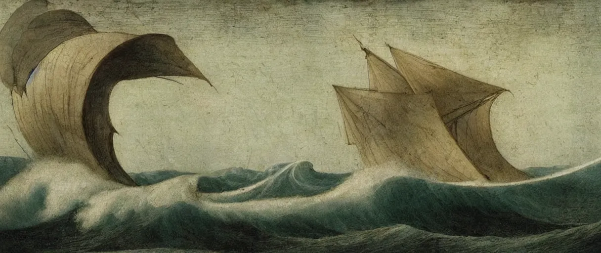 Image similar to sailboat on giant wave, sea monster lurking inside wave, Leonardo DaVinci style