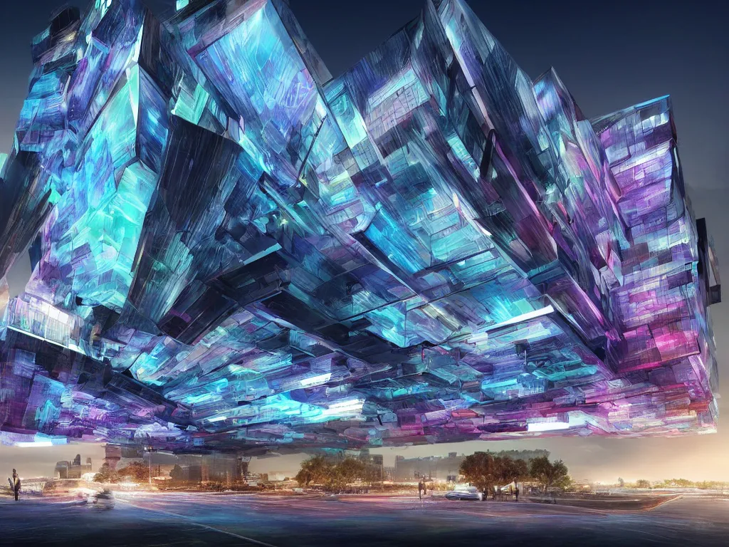 Prompt: modern architecture with a big led screen and integrated media elements and integrated, with moving lights, in the style of refik anadol, colorful, creative, photorealistic render