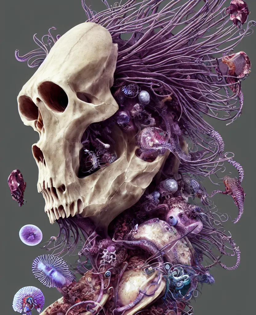 Image similar to goddess close-up portrait ram skull, thorax, x-ray, backbone, jellyfish phoenix head, nautilus, orchid, skull, betta fish, bioluminiscent creatures, intricate artwork by Tooth Wu and wlop and beeple. octane render, trending on artstation, greg rutkowski very coherent symmetrical artwork. cinematic, hyper realism, high detail, octane render, 8k