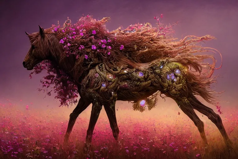 Prompt: a stunning digital painting of a horse made of intricately engraved gnarled wood with a mane of bioluminescent flowers standing in a field of flowers by greg rutkowski, flowercore, volumetric light, digital art, fine detail, photorealistic