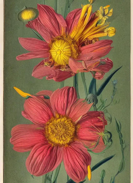 Image similar to fantasy scientific botanical illustration of colorful flower with a large, smiling mouth