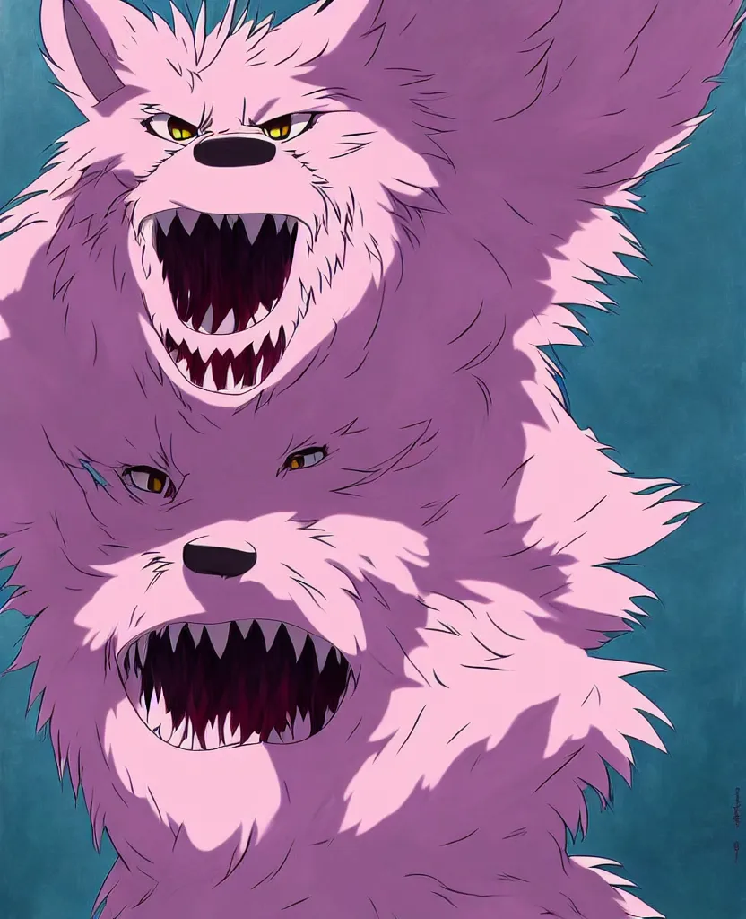 Prompt: beautiful painting from the anime film by studio ghibli, pink anthropomorphic werewolf human hybrid, drooling teeth bared, fur, trending on artstation,