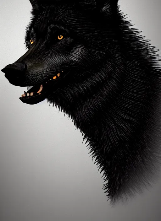 Image similar to A black Wolf sitting, highly detailed, artstation, matte, sharp focus