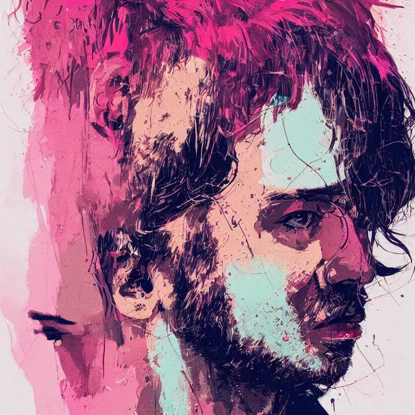 Image similar to close up portrait painting of a male musician in nineties street styling, concept art, intricate details, aesthetically pleasing pastel colors, art by conrad roset, impressionism, portrait