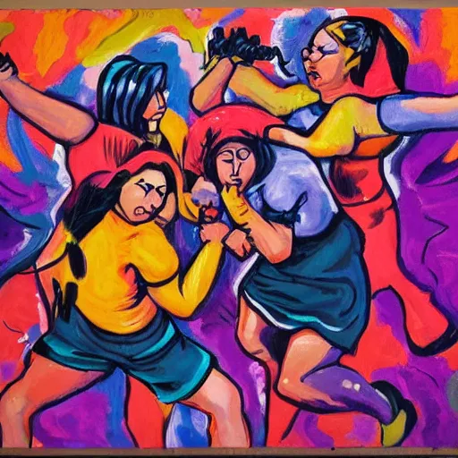 Prompt: angry women fight each other, vivid colors, high detail,