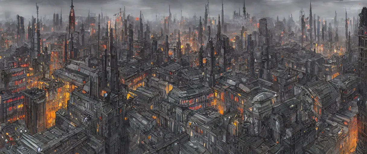 Prompt: digital concept art of dystopian, gothic berlin, high quality, high detail, in the style of Ralph McQuarrie, megacity surrounded by huge impenetrable tall walls, large hero buildings in the middle towering above the others, tram stations, metro, vivid colours, matte painting, photoshop