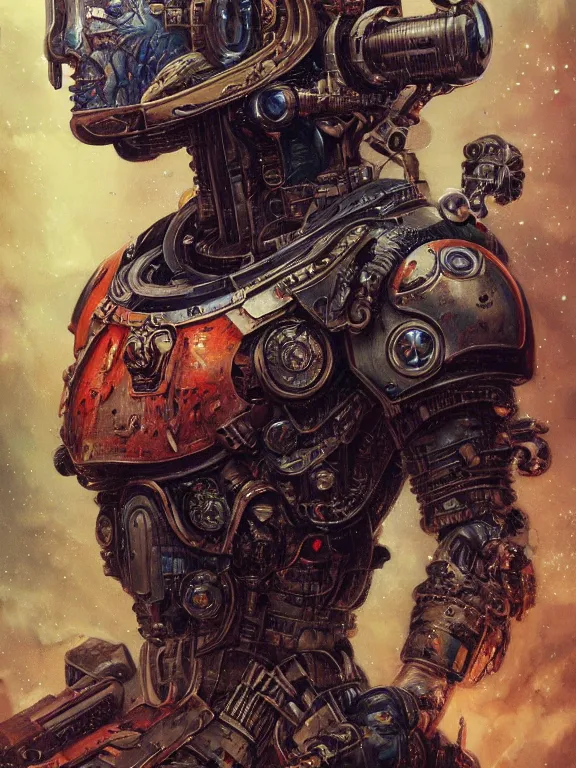 Image similar to art portrait of a space marine ,8k,by tristan eaton,Stanley Artgermm,Tom Bagshaw,Greg Rutkowski,Carne Griffiths, Ayami Kojima, Beksinski, Giger,trending on DeviantArt,face enhance,hyper detailed,minimalist,cybernetic, android, blade runner,full of colour,