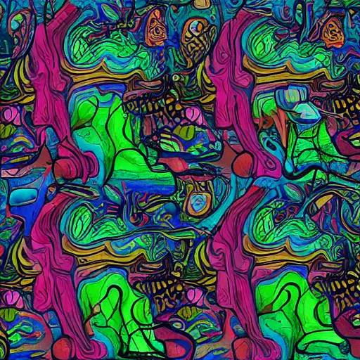 Prompt: psychedelic trippy cartoon couch in the deep dark forest