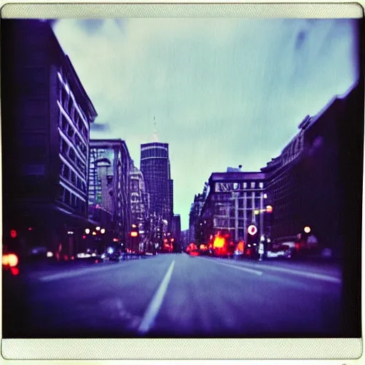 Image similar to instant photograph the night, polaroid, raw, beautiful, nostalgic, light leak, clouds, city