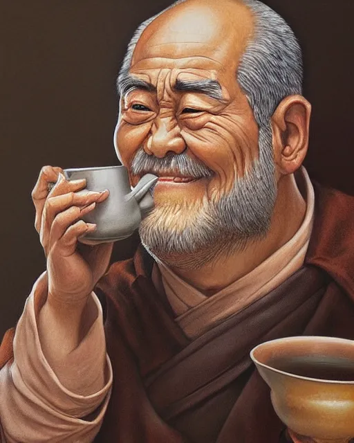 Image similar to real life Uncle Iroh, drinking from a cup of tea, gentle smile, overweight, beautiful, very detailed, hyperrealistic, medium shot, very detailed painting by Glenn Fabry, by Joao Ruas