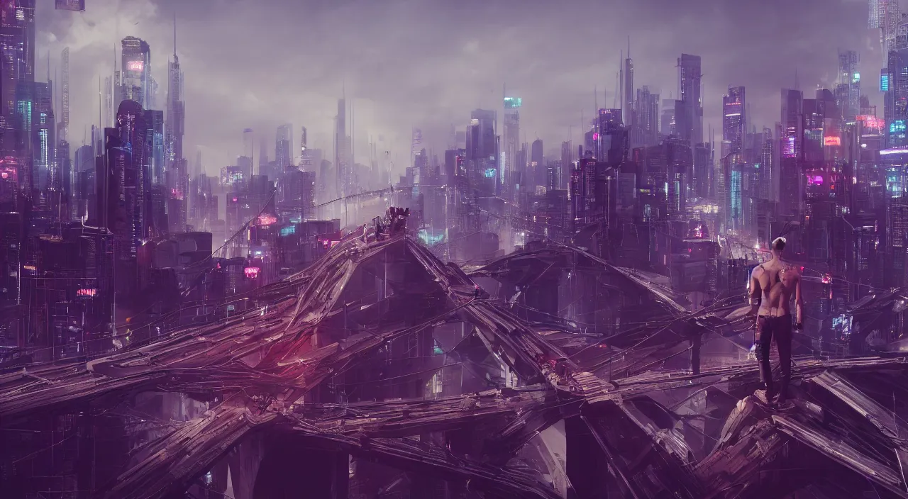 Image similar to a man standing on top of a bridge over a city, cyberpunk art, behance contest winner, artstation, altermodern, cityscape, synthwave, matte painting, octane render, unreal engine