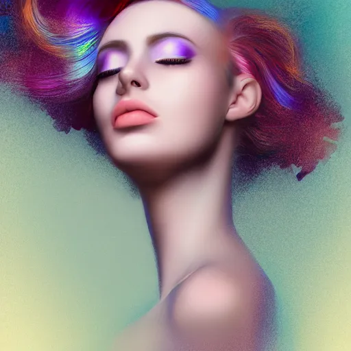 Image similar to portrait of a beautiful woman with iridescent translucent hair, her eyes are closed, hair is floating, digital art, ethereal