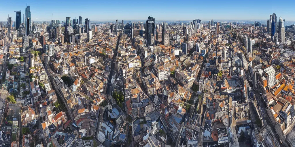 Prompt: A 360 panoramic image of the city