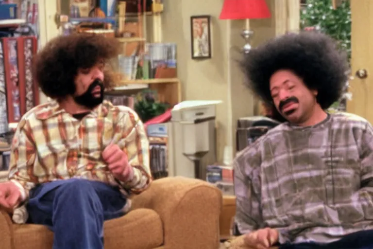 Prompt: Moodymann in a 90s sitcom talking to George Costanza