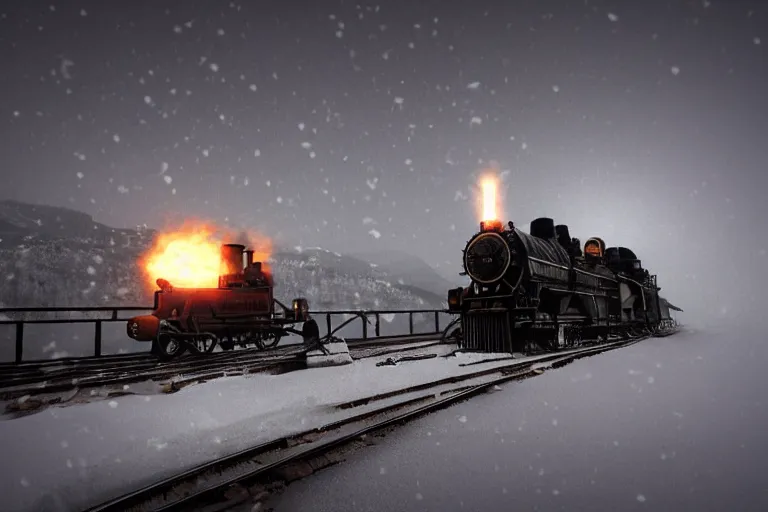 Image similar to an old steam engine is rushing through the snow storm in high speed, white steam on the side, and dark smoke with fire from the pipes, dynamic angled shot, low angle, wide shot, speed lines, fire particles and snowflakes everywhere, 8k, hyperrealistic, ultra sharp, octane render, unreal engine, light breaks through the sky, epic mountains in the background, artstation, very detailed, 16k, cinematic scenery,